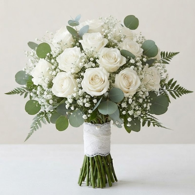 Rose bouquet and matching boutonniere in pink, white, or red